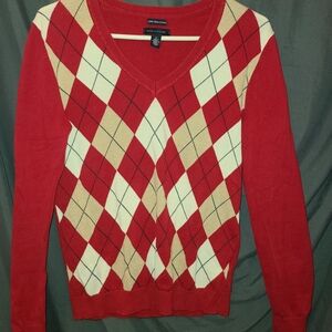 Womens Tommy Hilfiger Red and Tan Argyle V-Neck Sweater Sz Med Y2K 90s